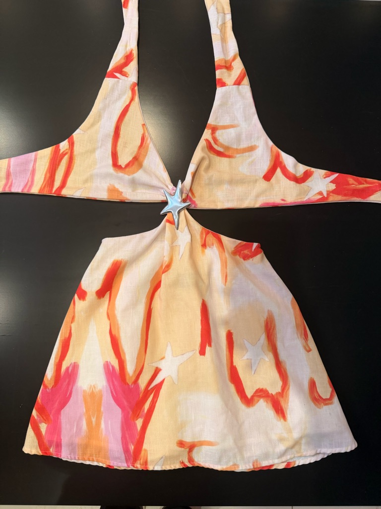 New Linen Star-Accent Cutout Mini Dress In Cream, Coral & Pink